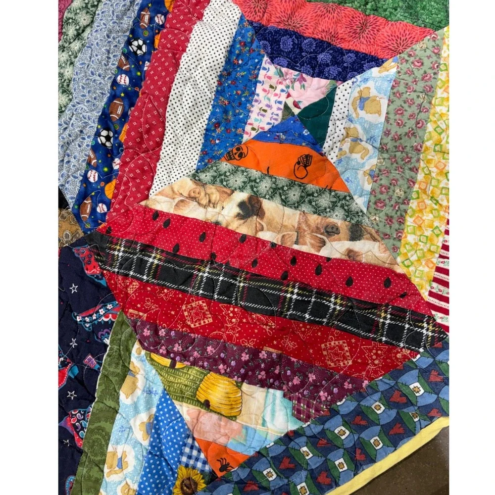 Vintage Handmade Patchwork String Quilt Looney Tunes Disney Throw Blanket 64x90